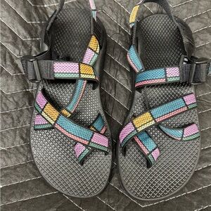 Chaco Black Sandals with Teal, Pink, Yellow, and Purple Webbing